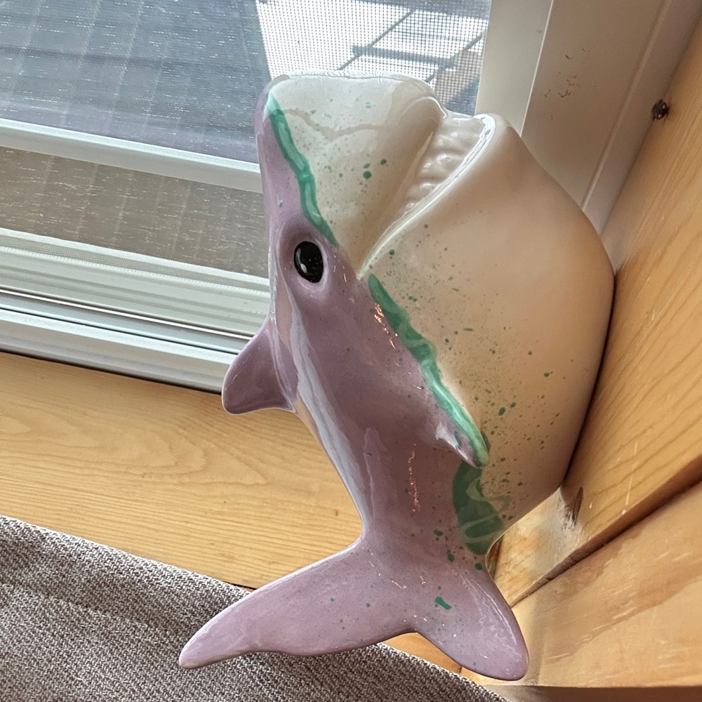 Beautifully Hand Painted Purple Teal White Ceramic Happy Shark Bank Kids Home